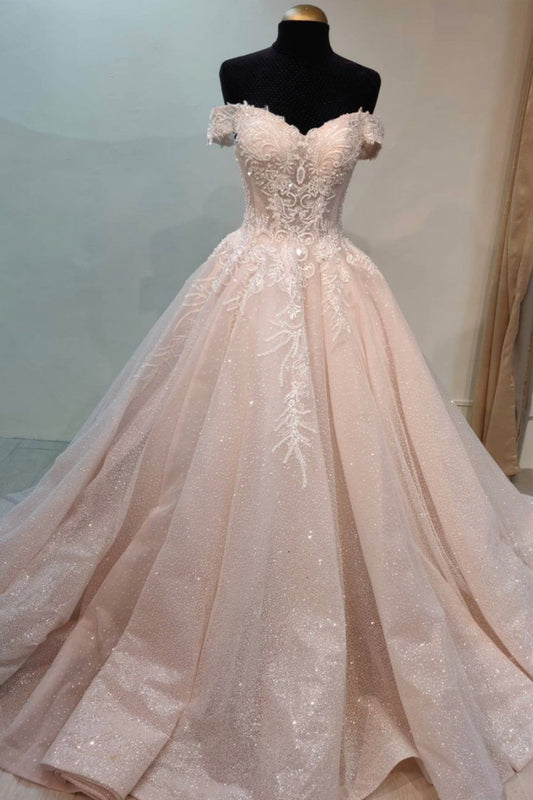 Pink Tulle Lace Long Prom Dress, Off the Shoulder Evening Dress