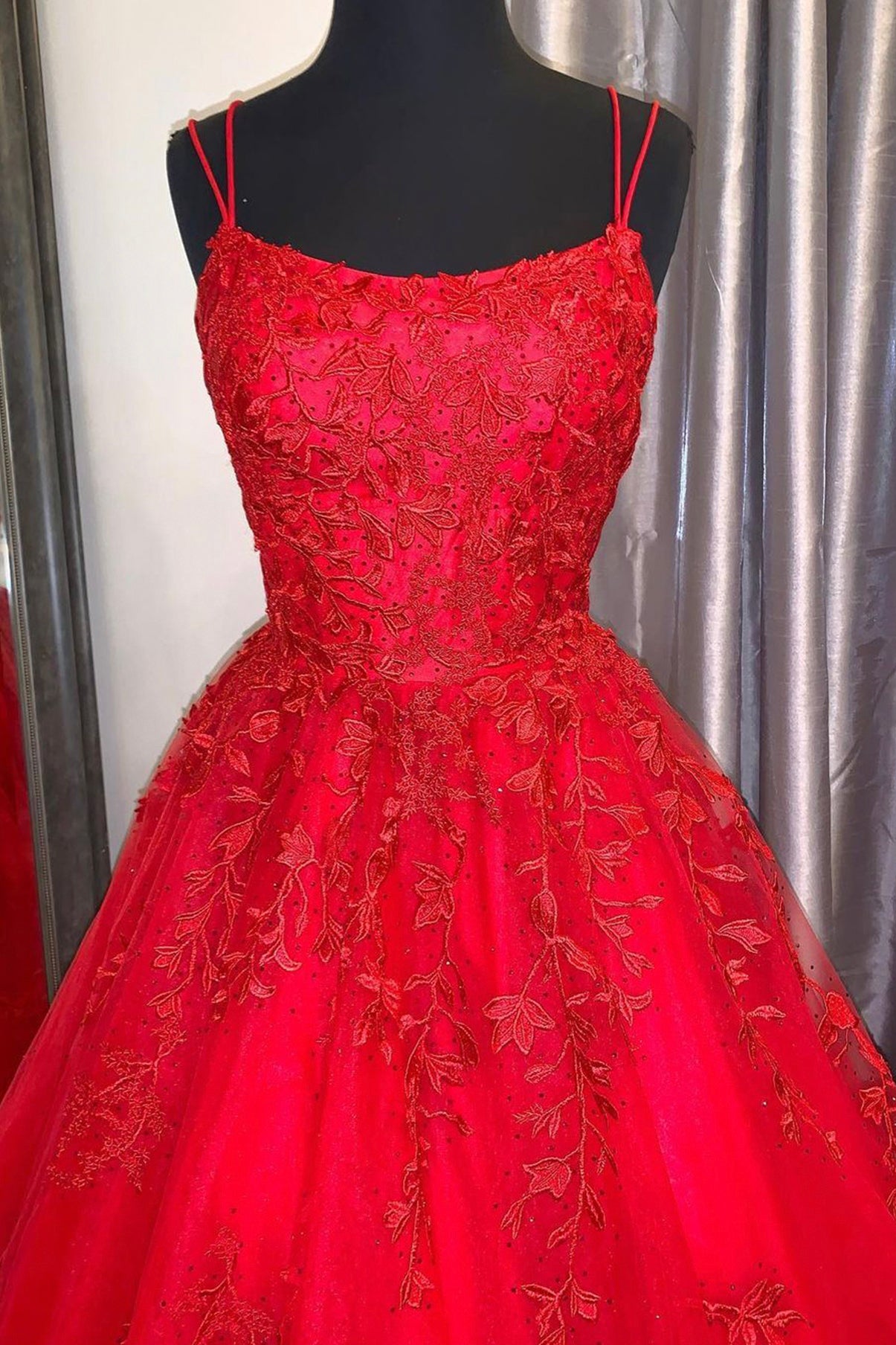 Dark Red Spaghetti Strap Tulle Lace Long Prom Dress, A-Line Backless Evening Dress