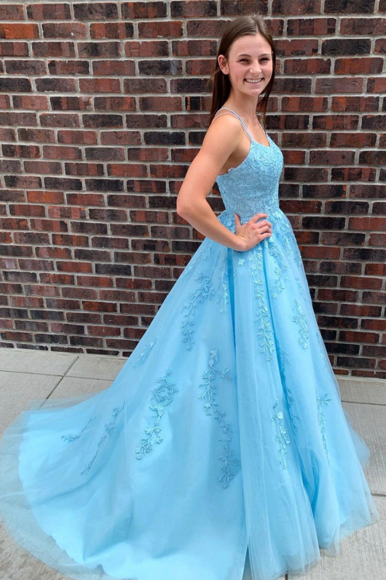 Blue Spaghetti Strap Tulle Long Prom Dress with Lace