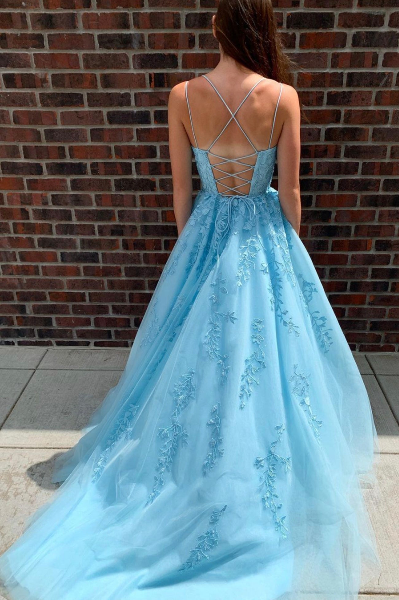 Blue Spaghetti Strap Tulle Long Prom Dress with Lace