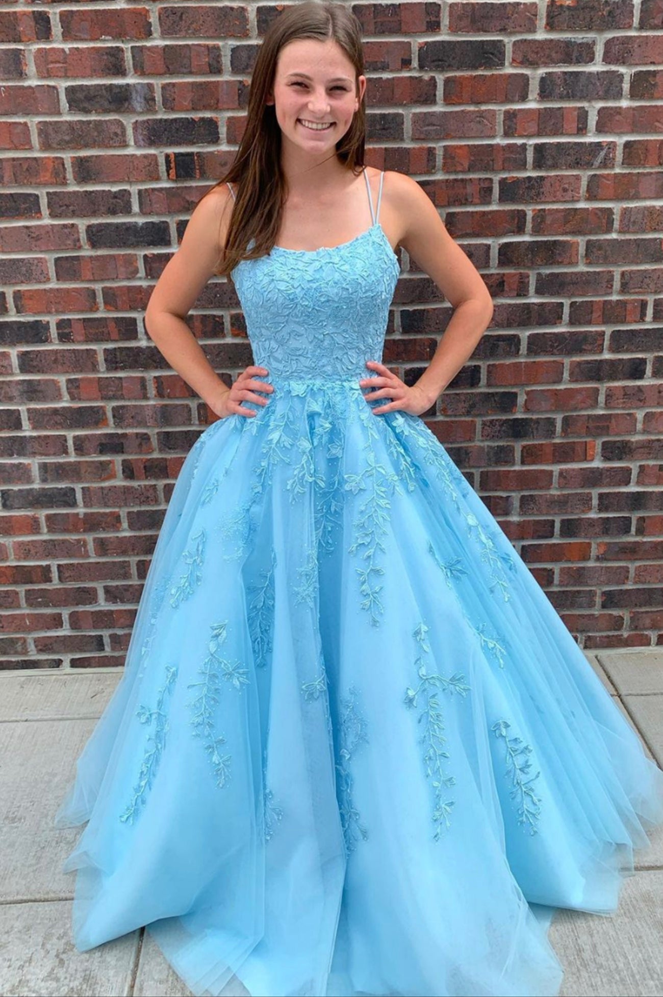 Blue Spaghetti Strap Tulle Long Prom Dress with Lace