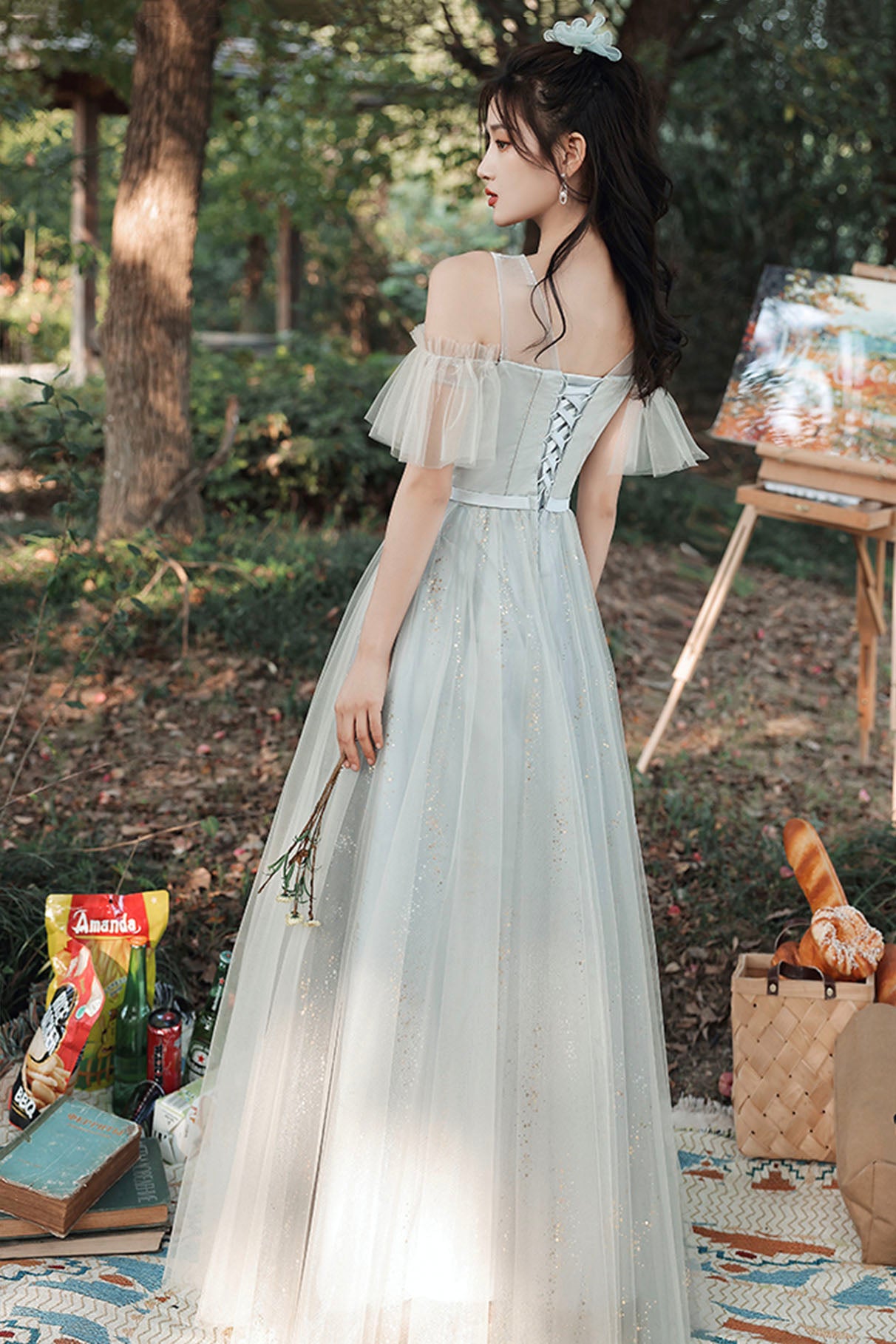 Gray Tulle Lace Long Prom Dress, Cute A-Line Party Dress