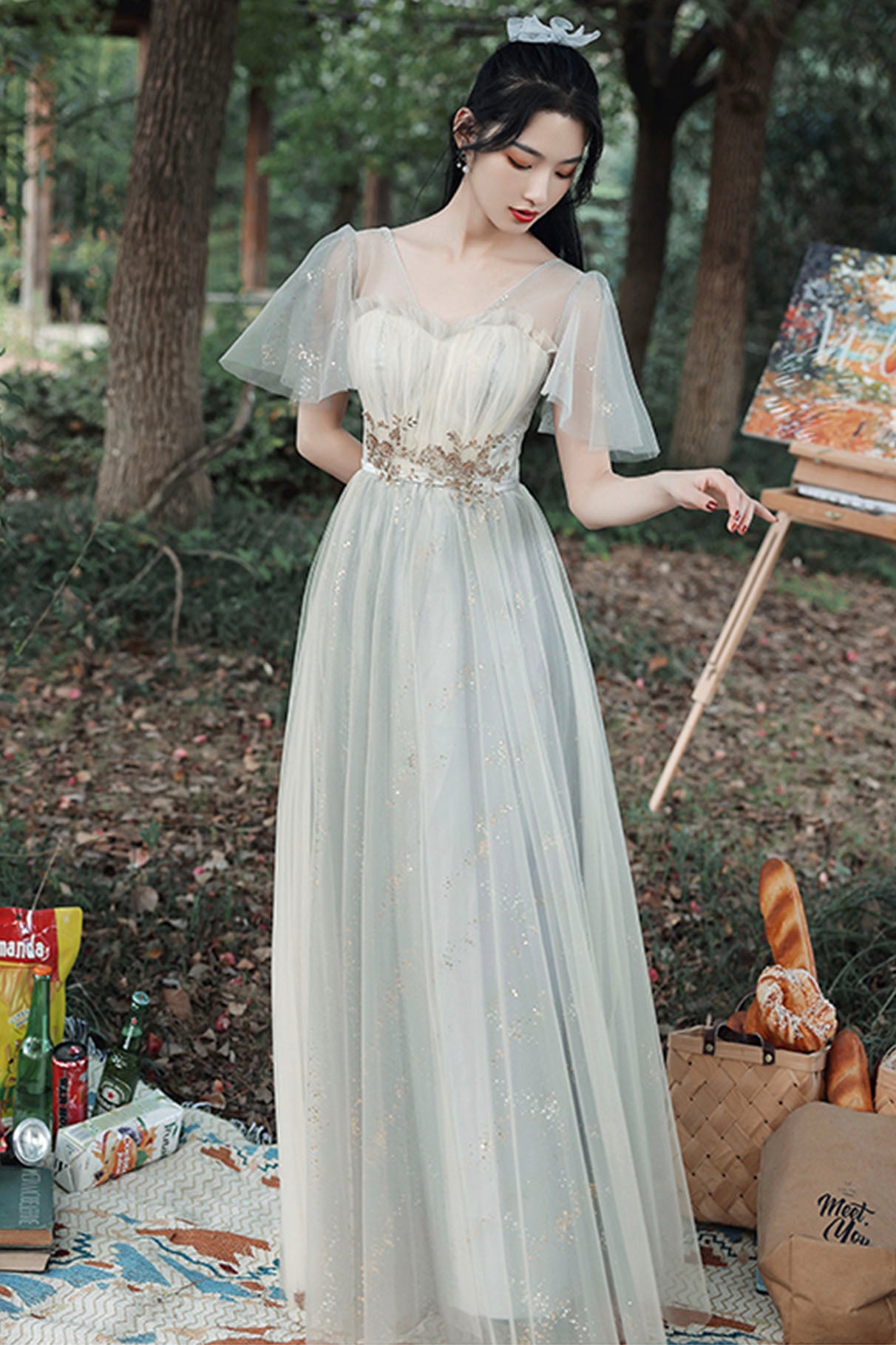 Gray Tulle Lace Long Prom Dress, Cute A-Line Party Dress