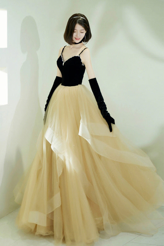 Black Velvet and Champagne Long Spaghetti Strap Prom Dress