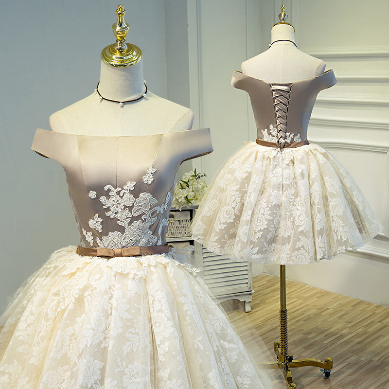 Champagne Lace Short Prom Dress, Cute Off the Shoulder Cocktail Dress