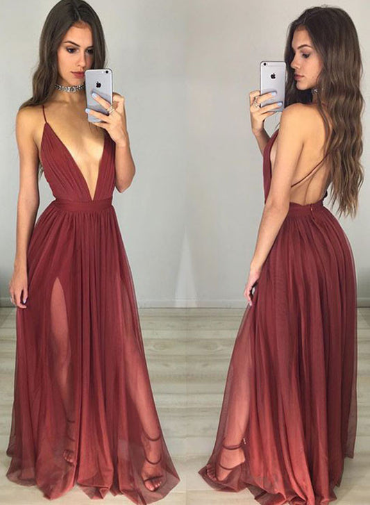 A line Backless Burgundy Tulle Long Prom Dress, Burgundy Evening Dress
