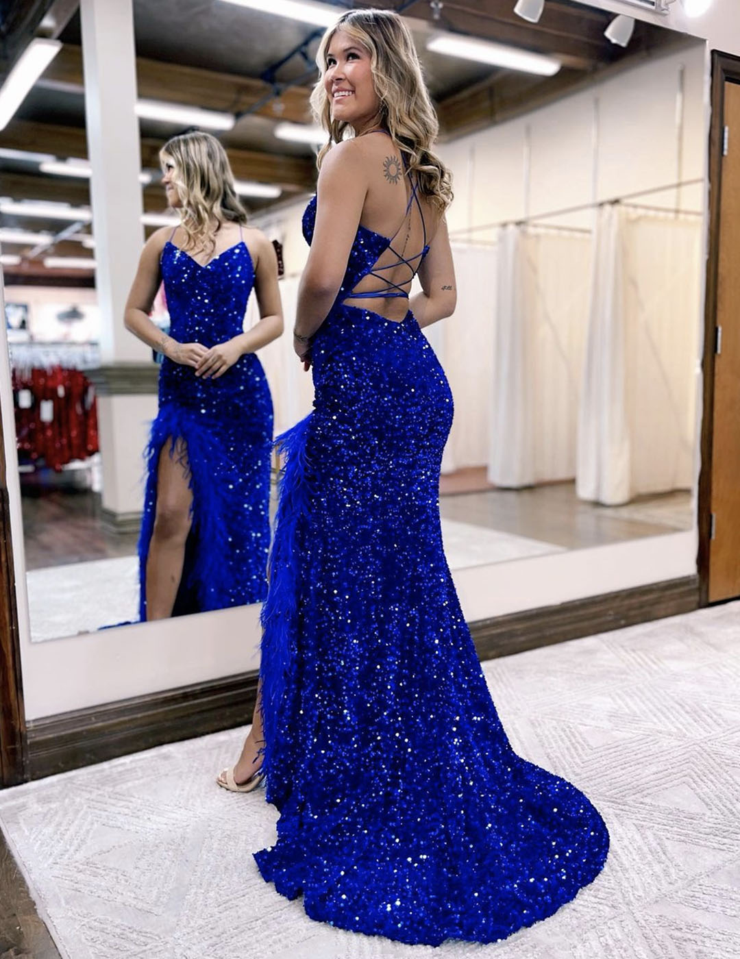 V-Neck Sequins Long Backless Prom Evening Dresses with Feather