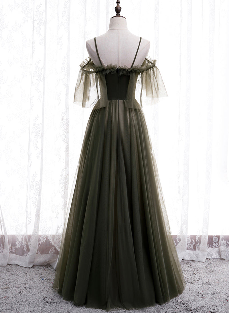 Green Tulle Long Prom Dress, A-Line Spaghetti Strap Evening Dress