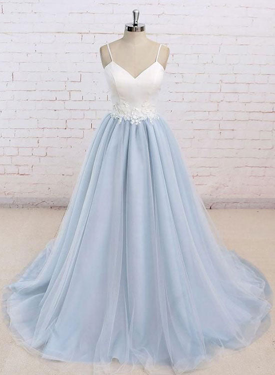 Beautiful V-neck Baby Blue Floor Length Prom Dress, Blue Evening Party