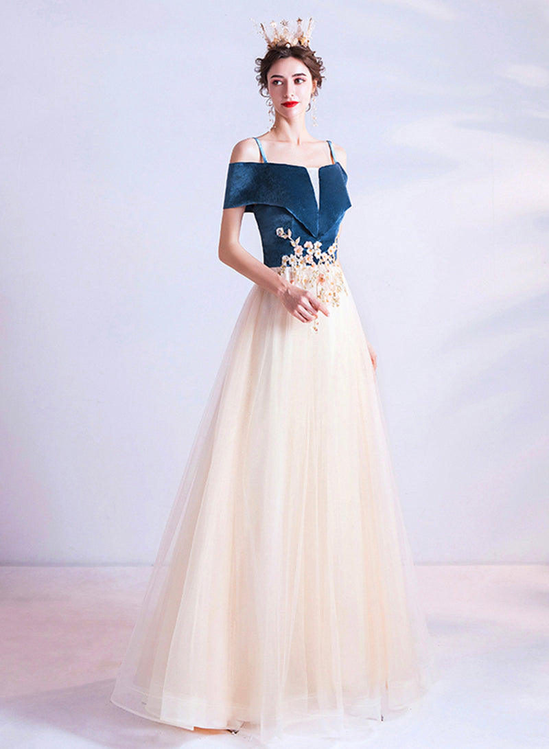 Blue Velvet and Champagne Tulle Long Prom Dress
