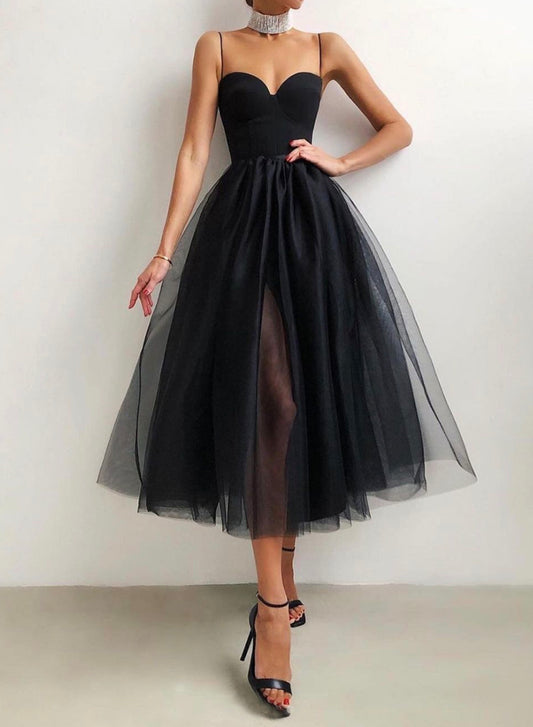 Black Spaghetti Strap Tulle Short Prom Dress