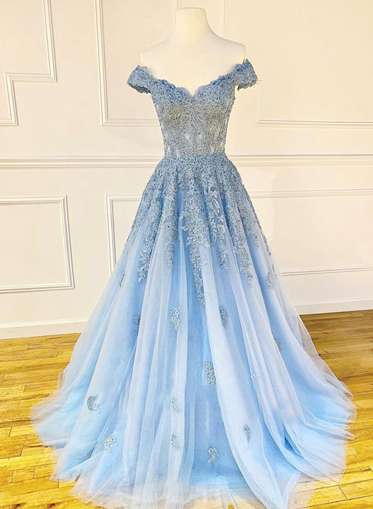 Blue Tulle Lace Long Prom Dress, Off the Shoulder Evening Party Dress