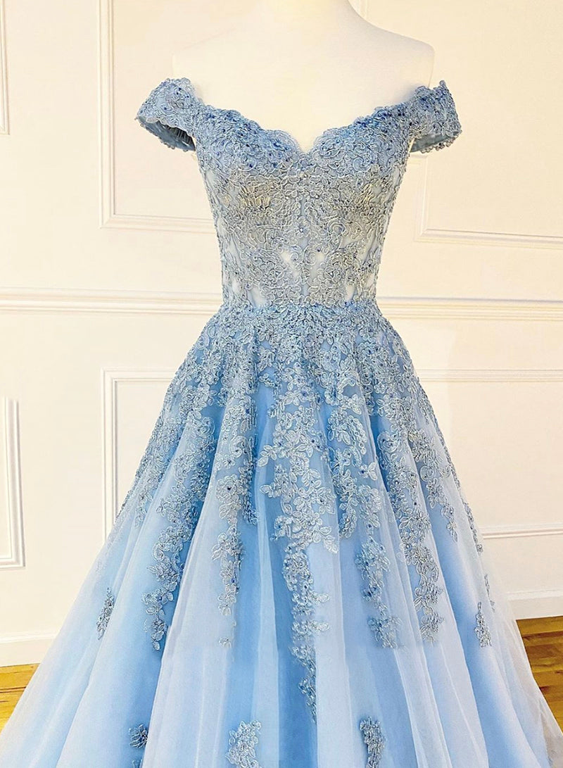 Blue Tulle Lace Long Prom Dress, Off the Shoulder Evening Party Dress