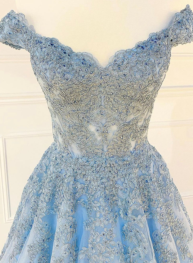 Blue Tulle Lace Long Prom Dress, Off the Shoulder Evening Party Dress