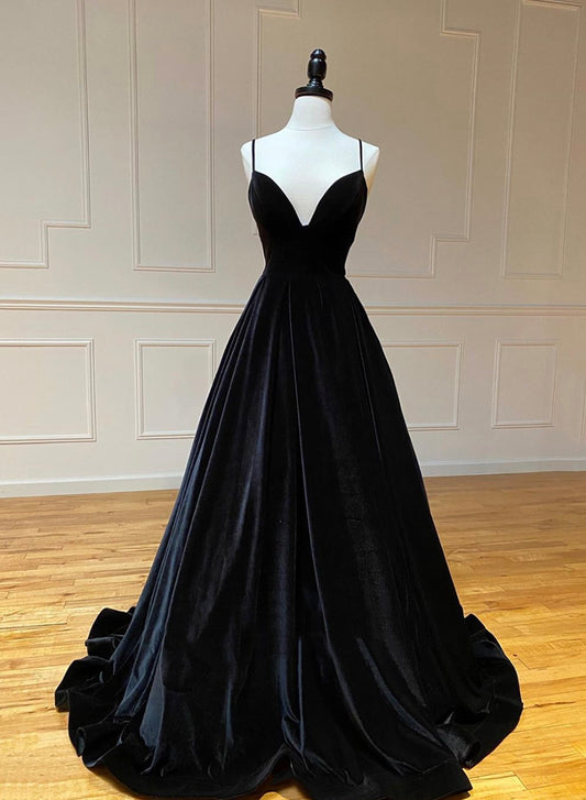 Black V-Neck Velvet Long Prom Dress, Black Spaghetti Strap Evening Party Dress
