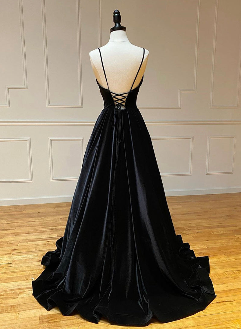 Black V-Neck Velvet Long Prom Dress, Black Spaghetti Strap Evening Party Dress