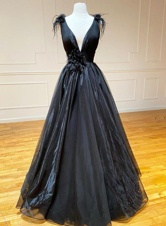 Black V-Neck Tulle Floor Length Prom Dress