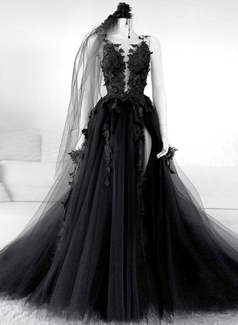 Black Tulle Lace Long Prom Dress, Black A-Line Backless Evening Dress