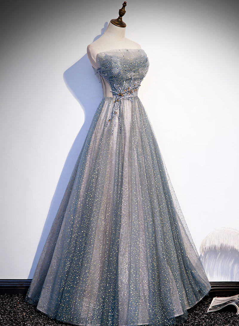 Gray Strapless Tulle Beaded Long Prom Dress, Gray A-Line Evening Party Dress