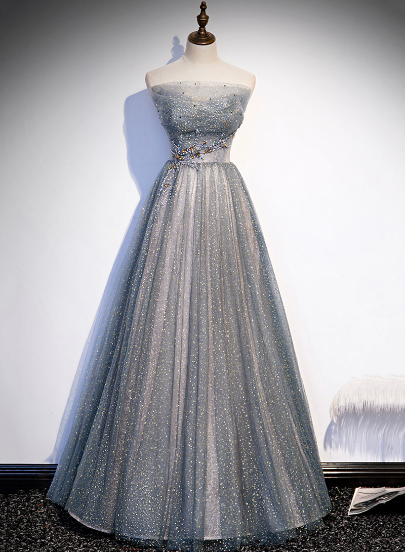 Gray Strapless Tulle Beaded Long Prom Dress, Gray A-Line Evening Party Dress