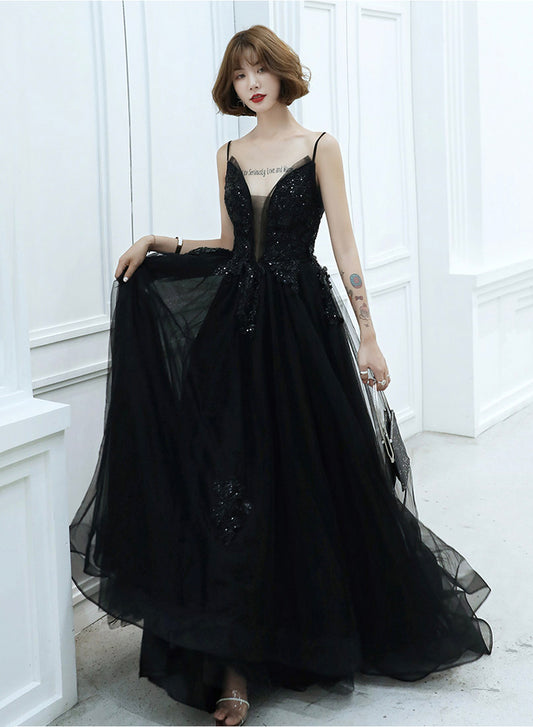Black Spaghetti Strap Tulle Long Prom Dress, A-Line V-Neck Evening Dress