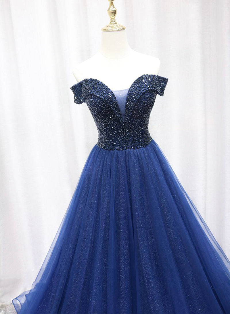 Blue Tulle Beaded Long Prom Dress, Off the Shoulder Evening Party Dress