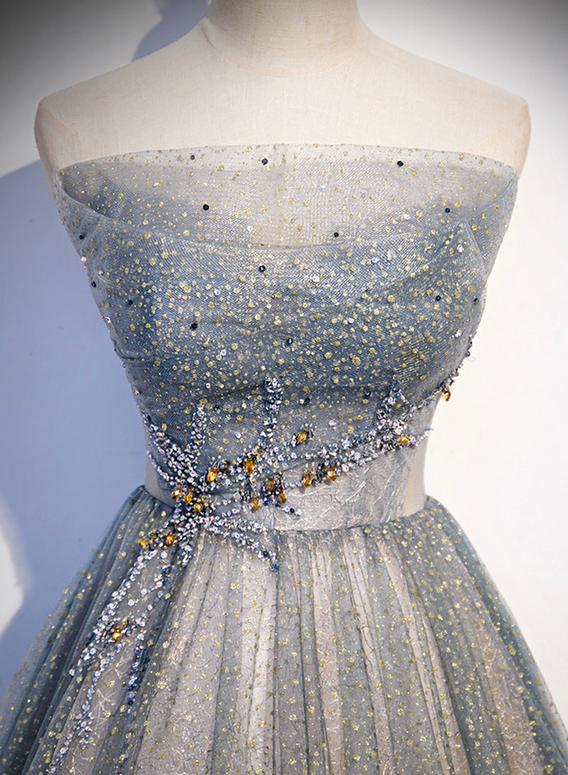 Gray Strapless Tulle Beaded Long Prom Dress, Gray A-Line Evening Party Dress