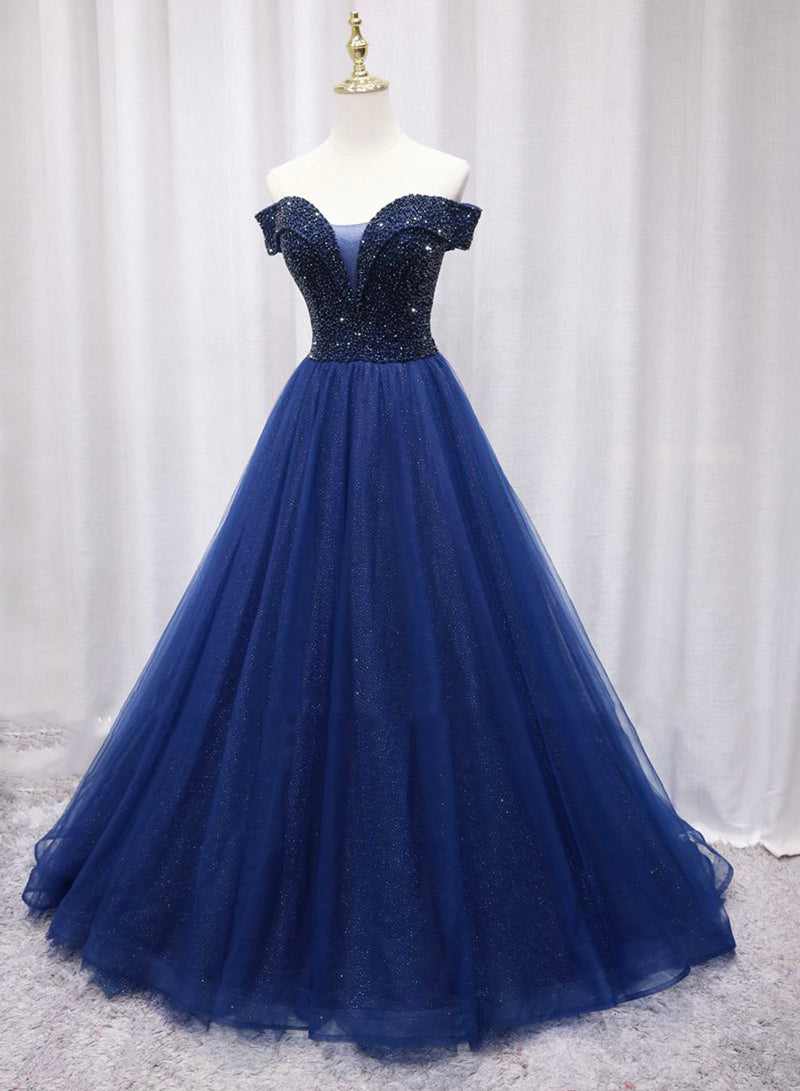 Blue Tulle Beaded Long Prom Dress, Off the Shoulder Evening Party Dress