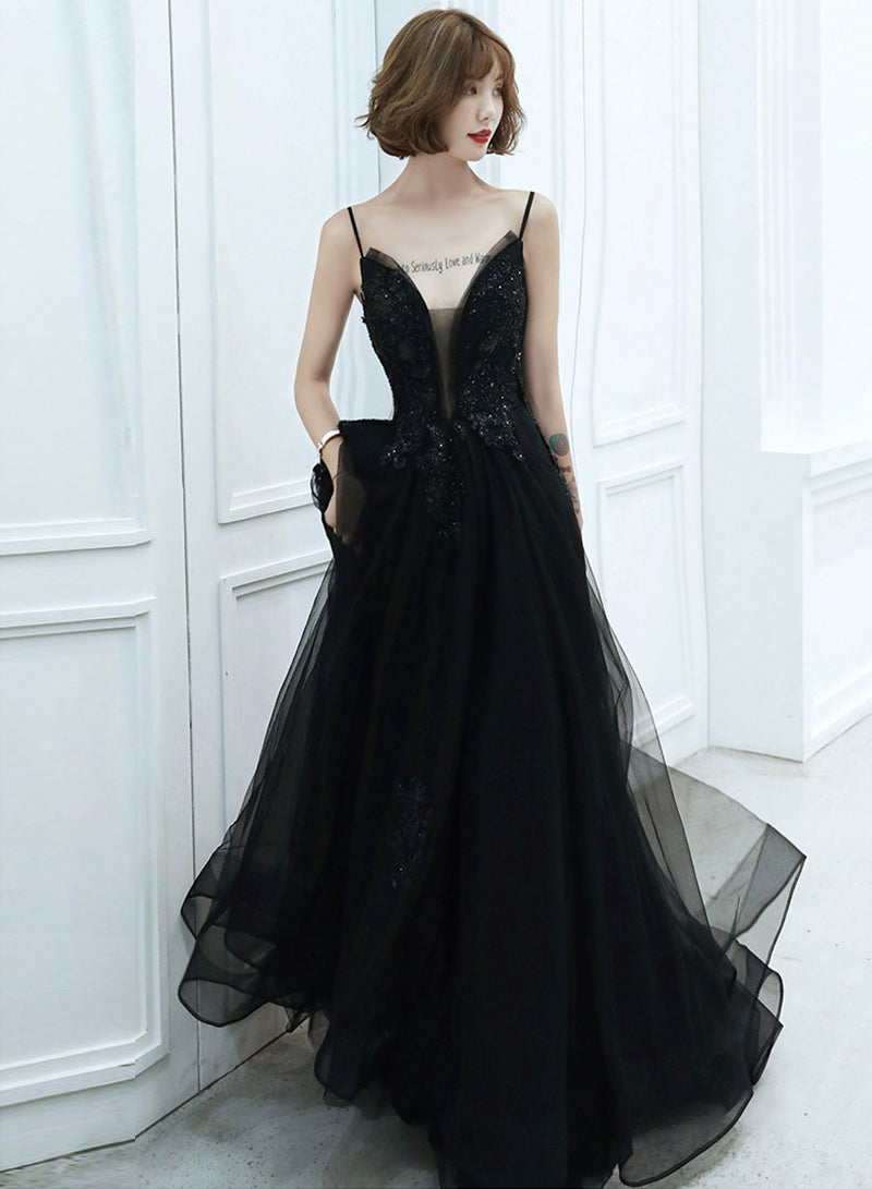 Black Spaghetti Strap Tulle Long Prom Dress, A-Line V-Neck Evening Dress