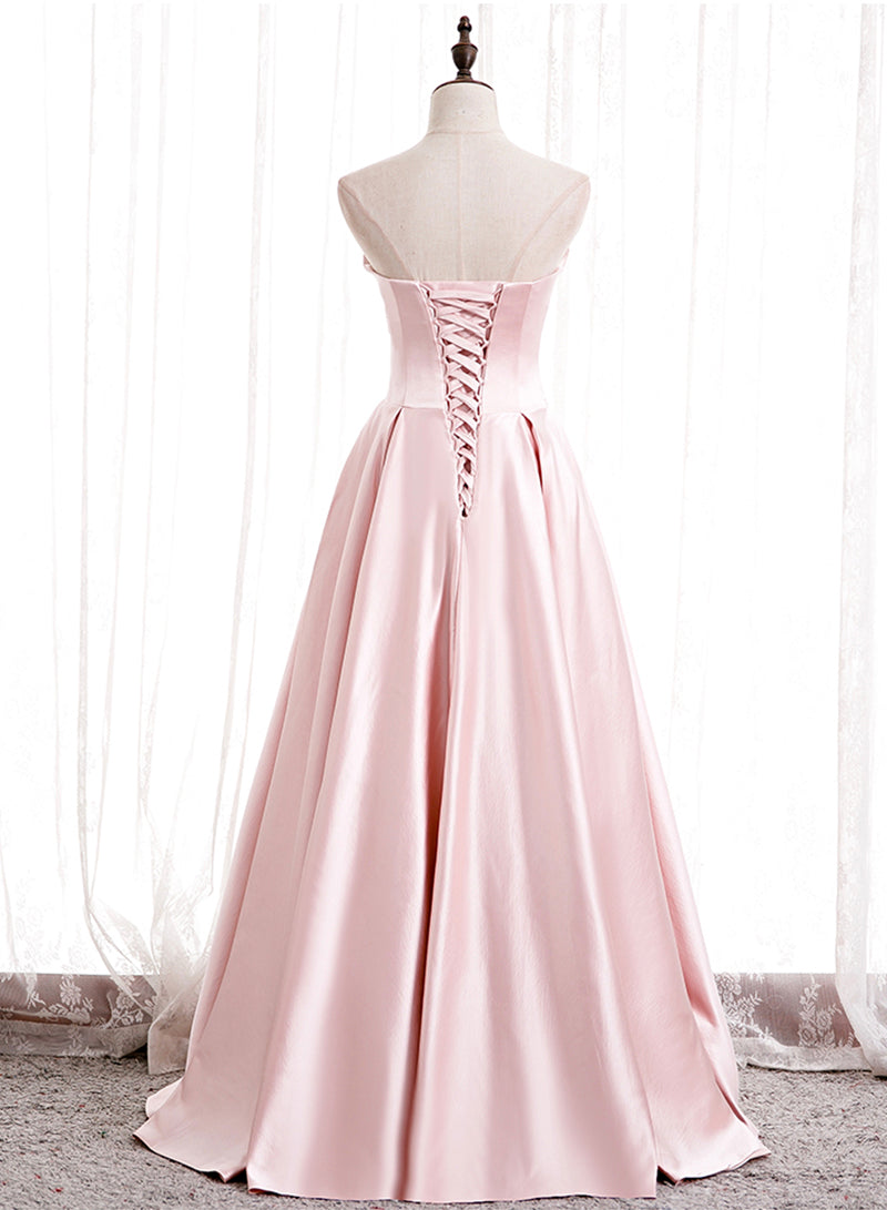 Pink Strapless Satin Long Prom Dress, Beautiful A-Line Evening Dress