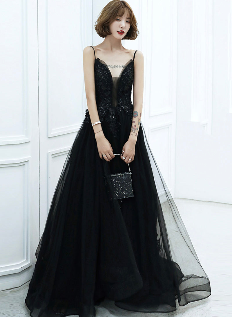 Black Spaghetti Strap Tulle Long Prom Dress, A-Line V-Neck Evening Dress