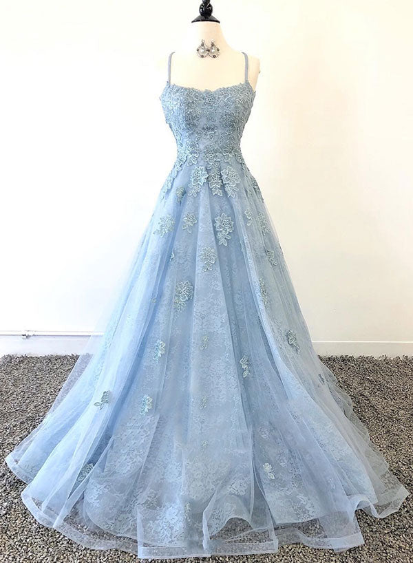 Blue Tulle Lace Long A-Line Prom Dress, Beautiful Backless Evening Party Dress