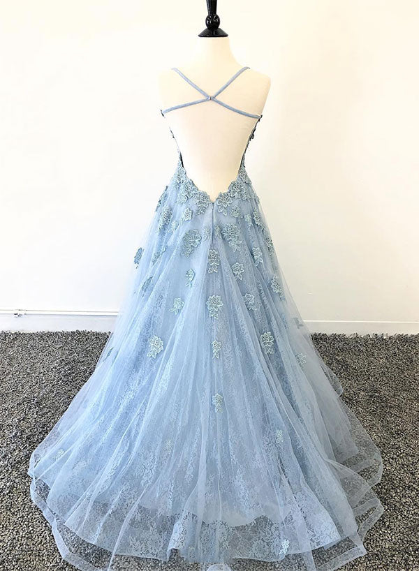 Blue Tulle Lace Long A-Line Prom Dress, Beautiful Backless Evening Party Dress