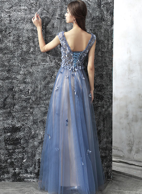 Blue Scoop Neckline Lace Long Prom Dress, Blue A-Line Evening Party Dress