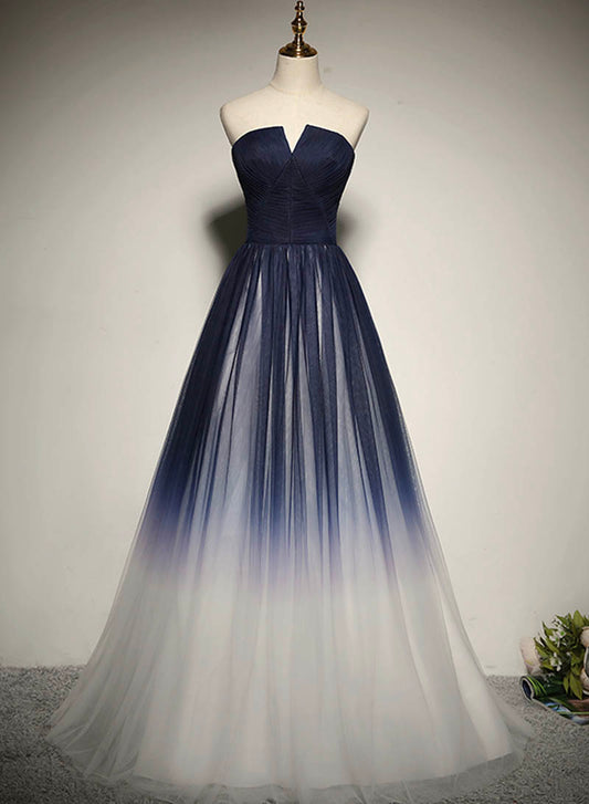 Blue Strapless Ombre Tulle Floor Length Prom Dress