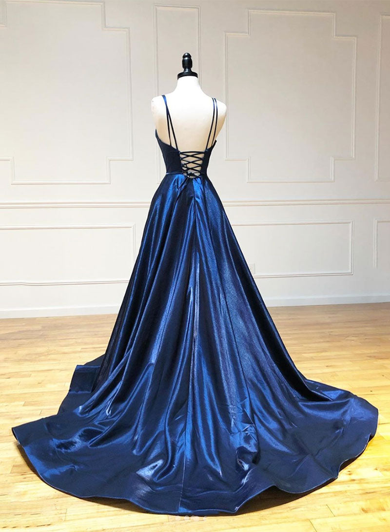 Simple Blue V-Neck Satin Long Prom Dress, A-Line Backless Evening Dress