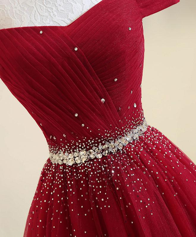 Burgundy Off the Shoulder Floor Length Prom Dress, Burgundy Evening Party Dress