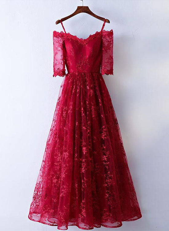 Burgundy Lace Floor Length Prom Dress, Burgundy Evening Party Dress