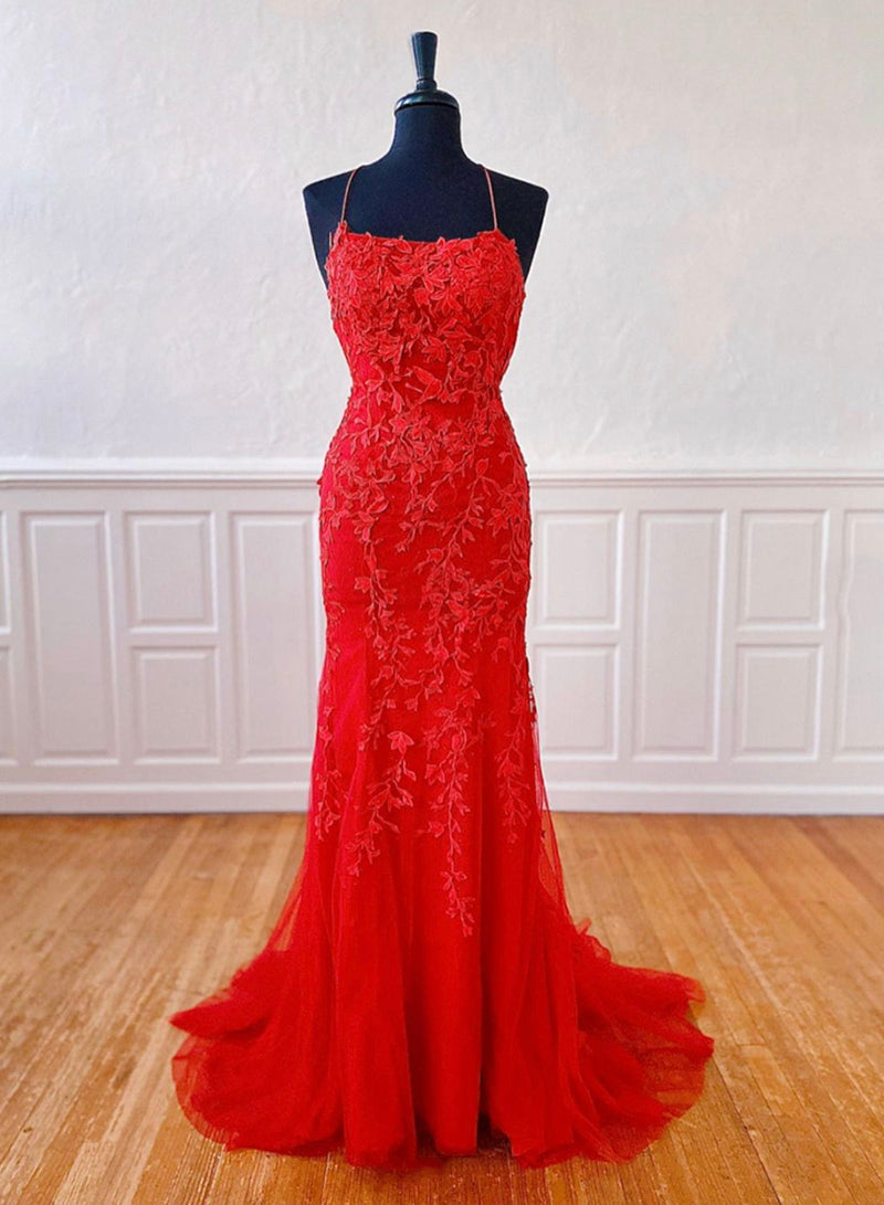 Red Spaghetti Strap Tulle Lace Long Prom Dress, Red Backless Evening Party Dress