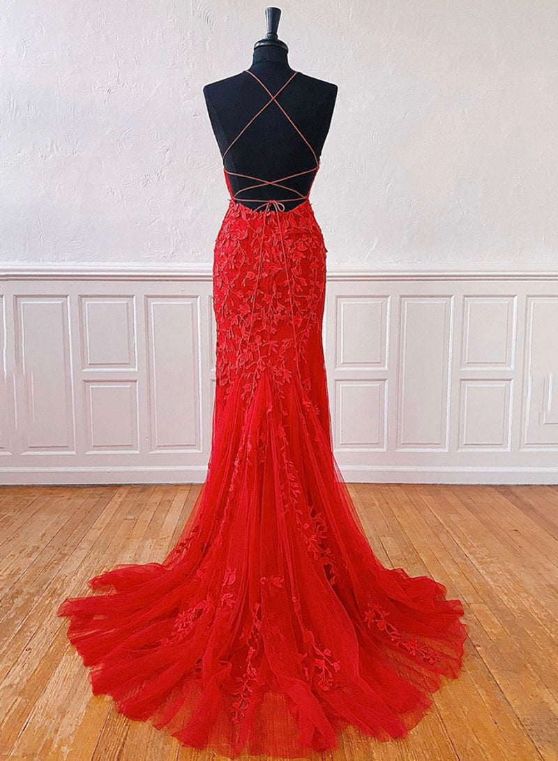 Red Spaghetti Strap Tulle Lace Long Prom Dress, Red Backless Evening Party Dress