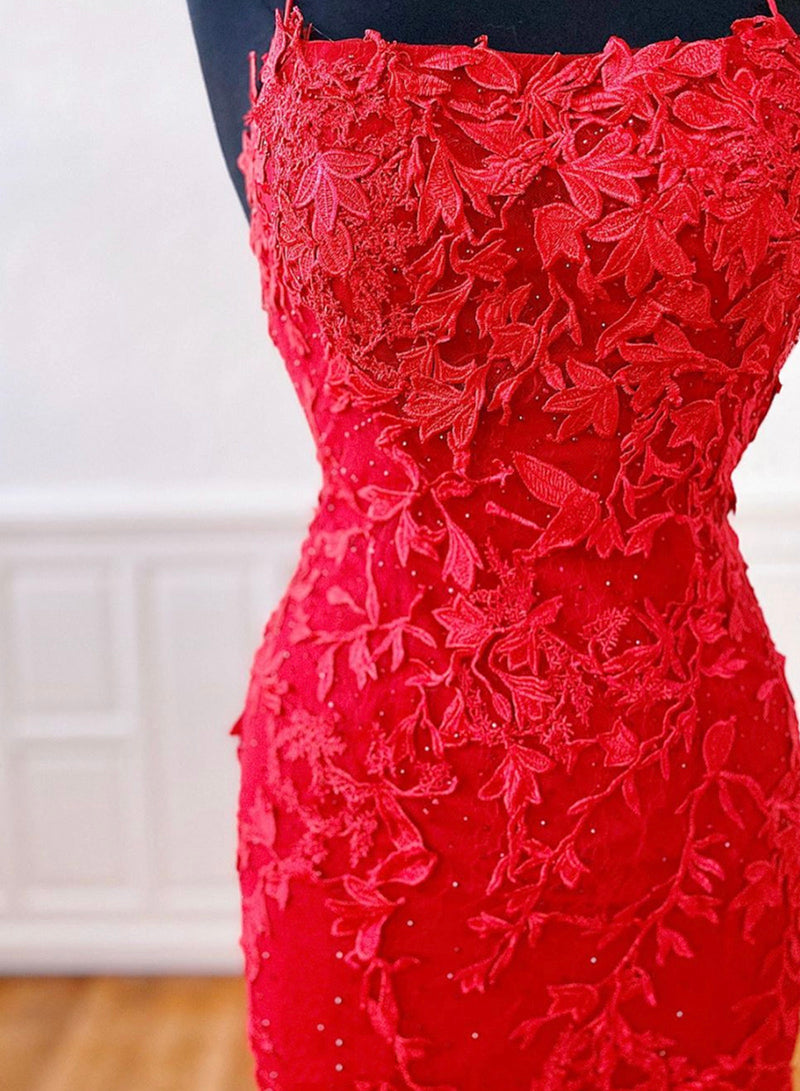 Red Spaghetti Strap Tulle Lace Long Prom Dress, Red Backless Evening Party Dress