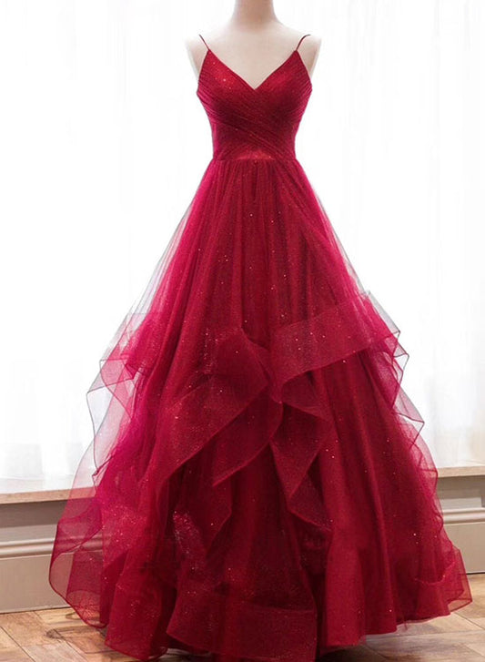 Burgundy V-Neck Tulle Long Prom Dress, Burgundy Evening Party Dress