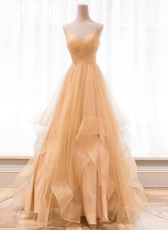 Champagne Spaghetti Strap V-Neck Tulle Long Prom Dress, A-Line Backless Evening Party Dress