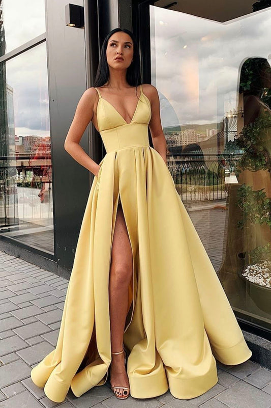 Simple V-neck Satin Long Prom Dress, A-Line Spaghetti Strap Evening with Slit