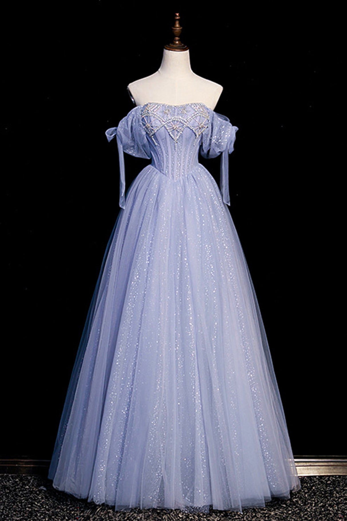 Blue Tulle Beaded Floor Length A-Line Prom Dress