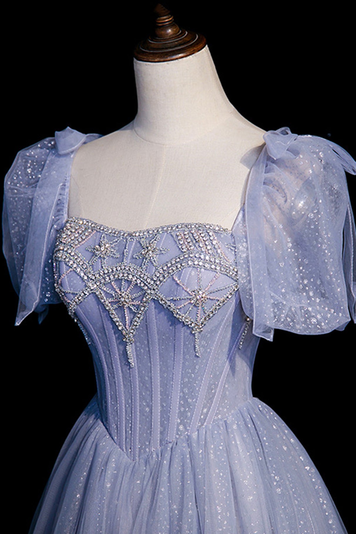 Blue Tulle Beaded Floor Length A-Line Prom Dress