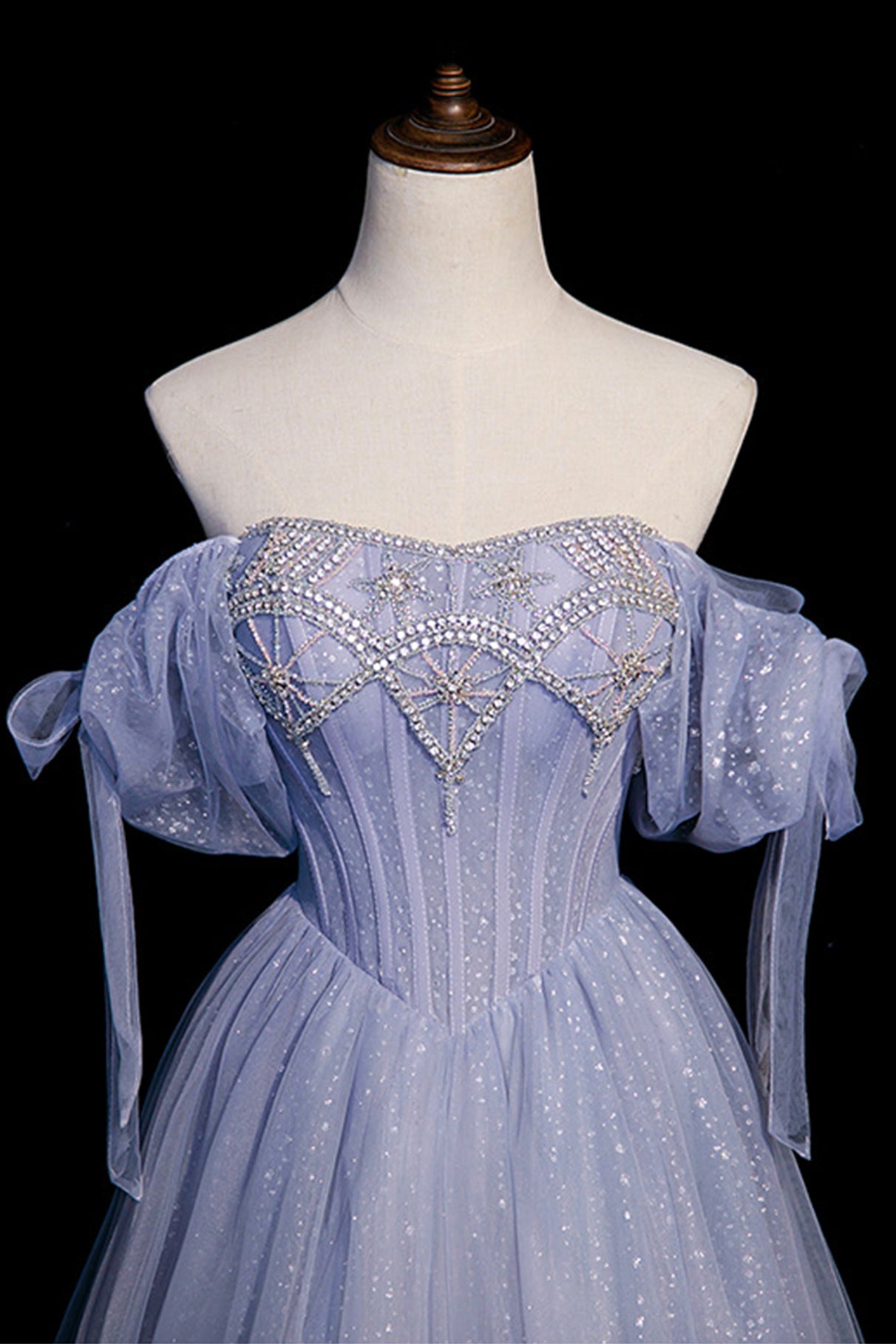 Blue Tulle Beaded Floor Length A-Line Prom Dress