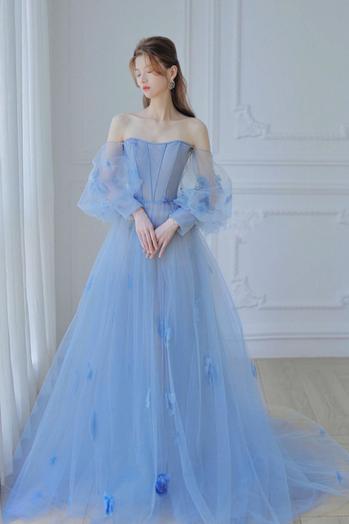 Blue Off the Shoulder Tulle Floor Length Prom Dress, Long Sleeve Blue Evening Dress
