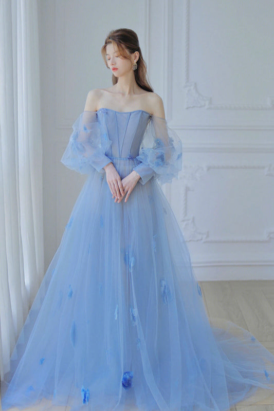 Blue Off the Shoulder Tulle Floor Length Prom Dress, Long Sleeve Blue Evening Dress