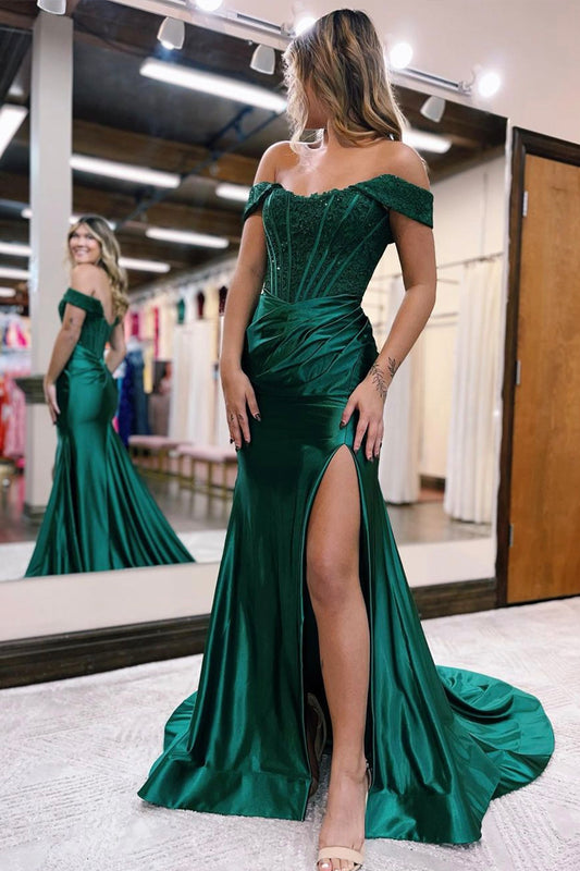 Mermaid Satin Lace Long Prom Dress, Off Shoulder Formal Evening Dress